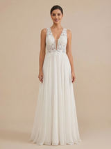 A-Line V-neck Sleeveless Maxi Long Chiffon Beach Wedding Dresses Online