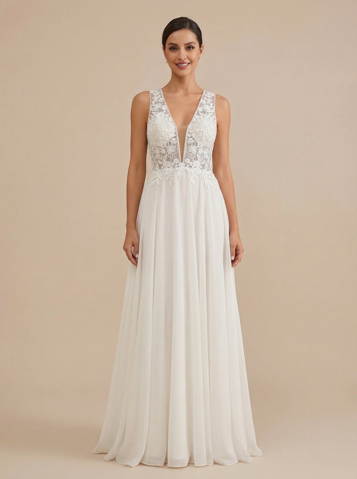 A-Line V-neck Sleeveless Maxi Long Chiffon Beach Wedding Dresses Online