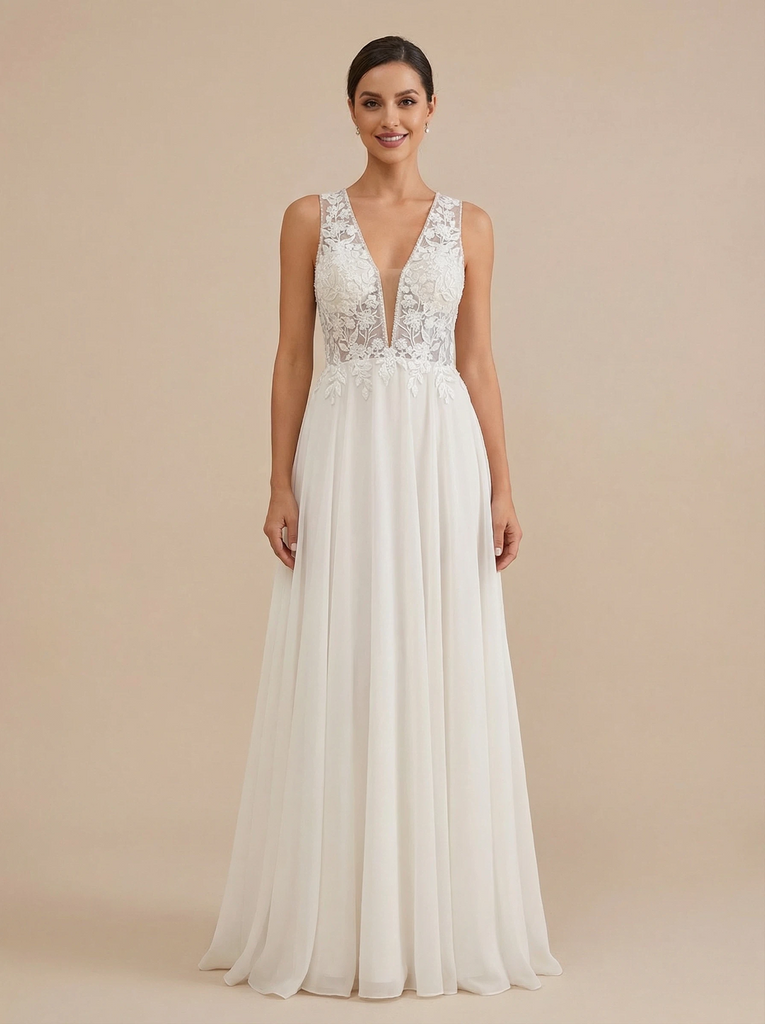A-Line V-neck Sleeveless Maxi Long Chiffon Wedding Dresses Online