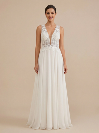 A-Line V-neck Sleeveless Maxi Long Chiffon Wedding Dresses Online