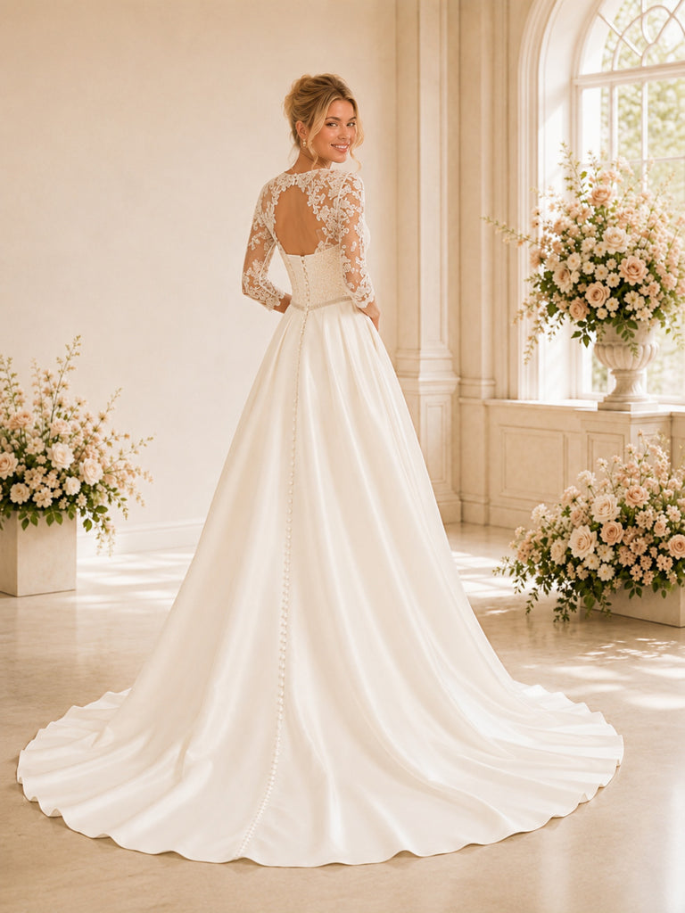 ChicSew Classic Bateau Lace 3/4 Sleeve Open Back Satin  A-Line  Wedding Dresses