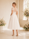 ChicSew Delicate Short Sleeve Lace Wedding Dress Lovely Tea-Length A-Line With Illusion