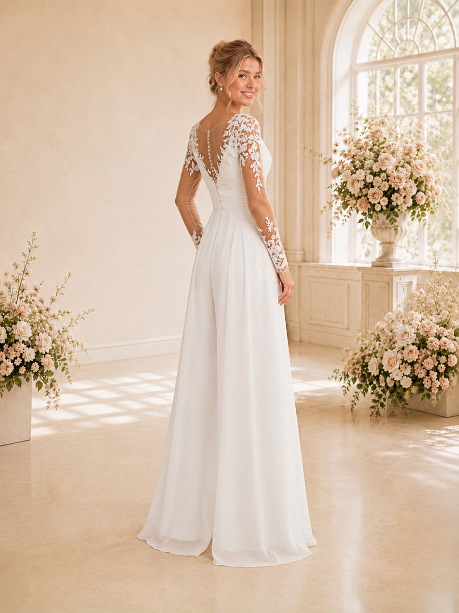 ChicSew Elegant Illusion Long Sleeves Lace Chiffon Long Wedding Jumpsuit