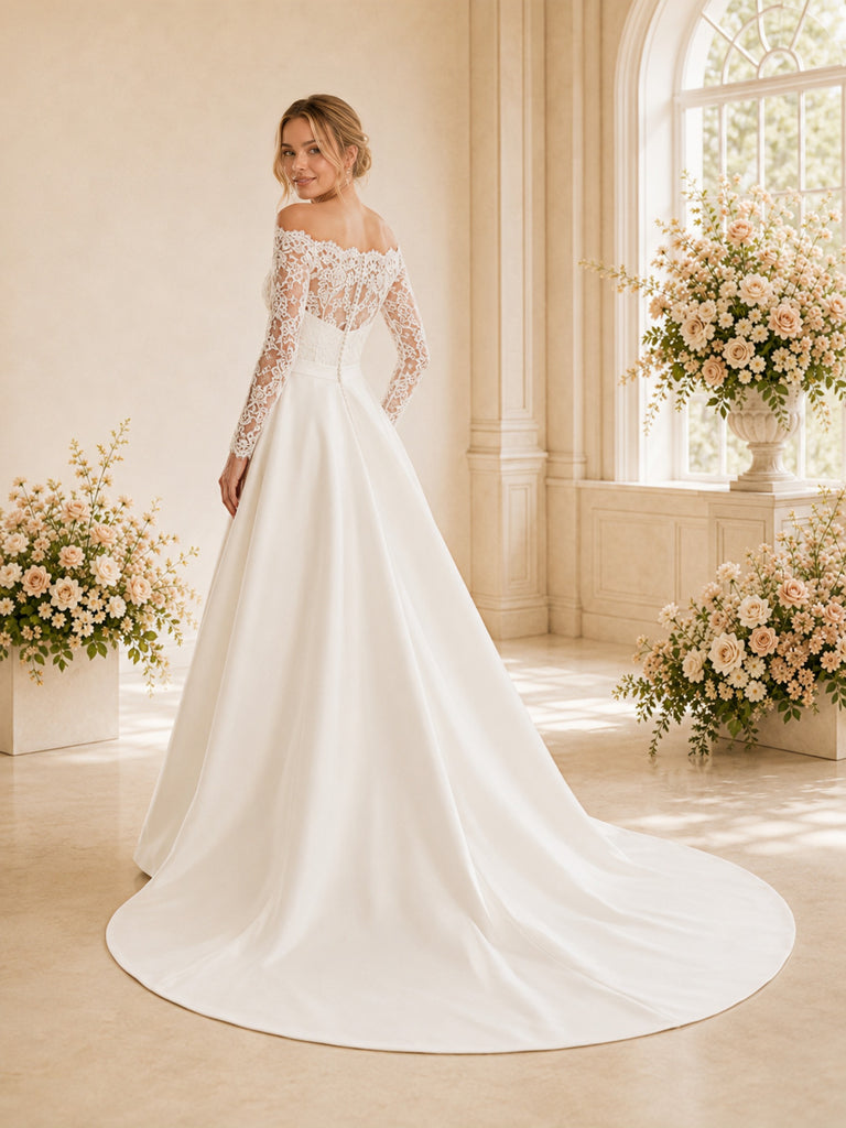 ChicSew Elegant Off Shoulder Lace Wedding Dress Classic A-Line Bridal Gown With 3/4 Sleeves And Train
