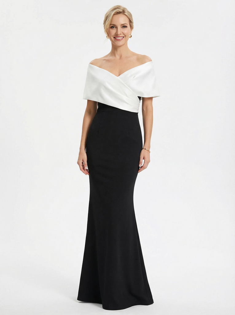 Elegant Black And White Satin Off Shoulder V-Neck Mermaid Long Mother Of The Bride Dresses
