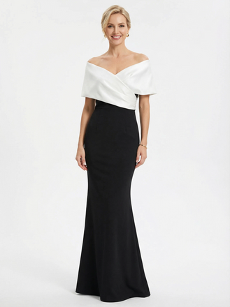 Elegant Black And White Satin Off Shoulder V-Neck Mermaid Long Mother Of The Bride Dresses