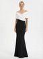 Elegant Black And White Satin Off Shoulder V-Neck Mermaid Long Mother Of The Bride Dresses