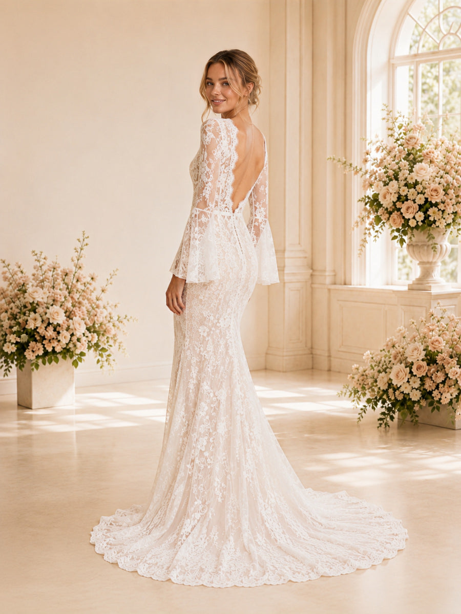 ChicSew Sexy Mermaid Long Sleeves V-Neck Long Wedding Dresses With Slit