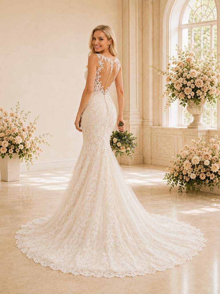ChicSew Romantic Sleeveless Mermaid Lace Wedding Dress With Illusion Neck And Long Train