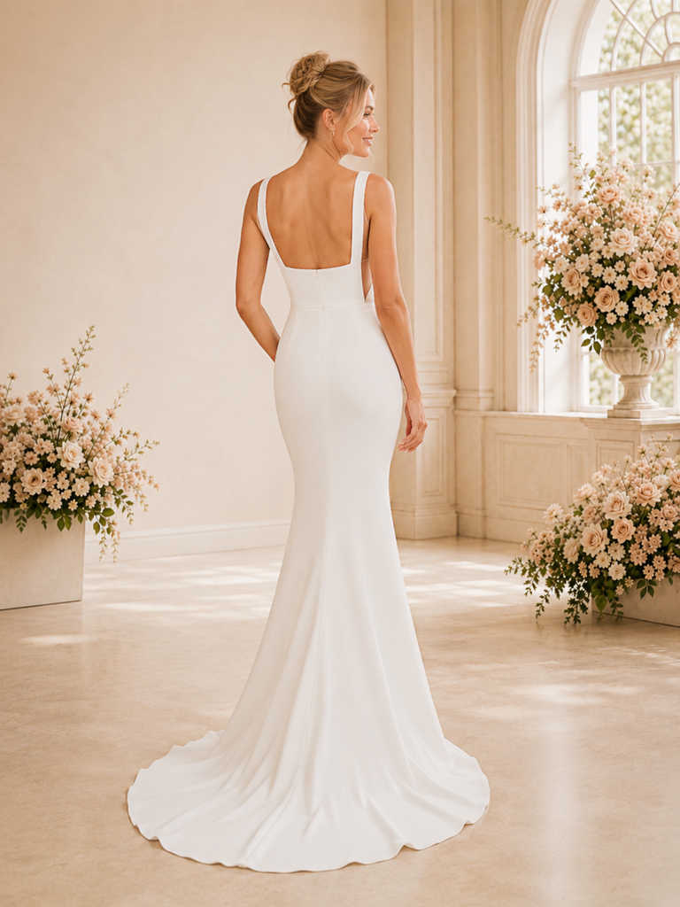 ChicSew Classy Square Neckline Spaghetti Straps Crepe Mermaid Floor-Length Wedding Dress