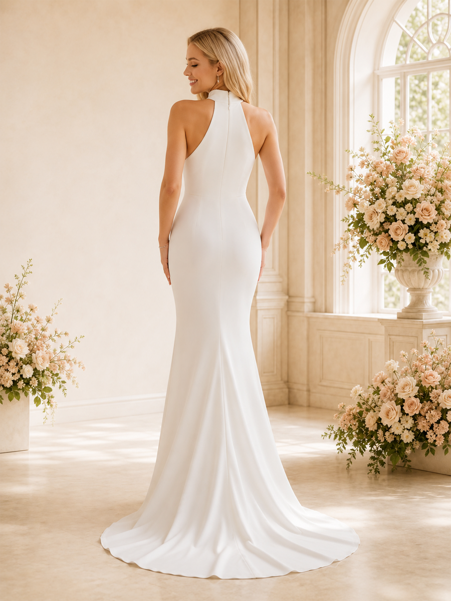 ChicSew Unique High Neck Sleeveless Mermaid Crepe Long Wedding Dresses