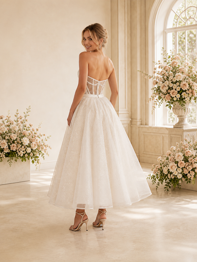 ChicSew Fancy Sweetheart Lace Tulle Boning A-Line Ankle-Length Wedding Dress With Bow Knot
