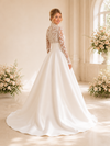 ChicSew Elegant Modern Lace Applique High Neck Long Sleeves Boning A-Line Floor-Length Satin Wedding Dress