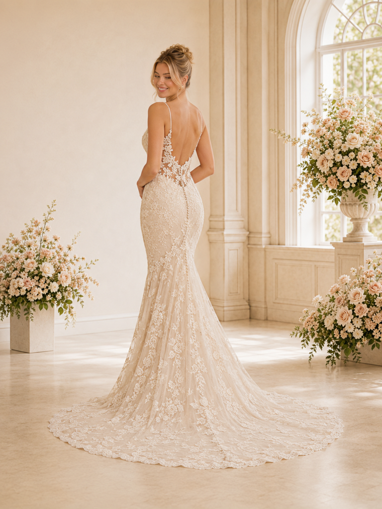 ChicSew Modern Deep V-Neck Mermaid Lace Tulle Floor-Length Wedding Dresses With Button Back