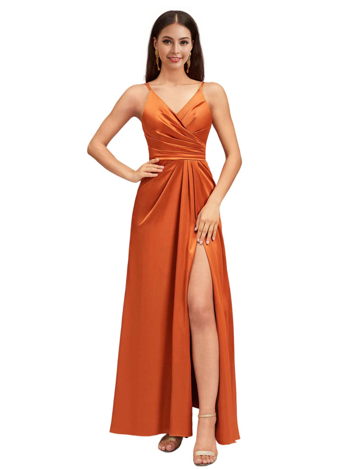 Elegant Spaghetti Straps V-Neck A-Line Soft Satin Ankle-Length Bridesmaid Dresses