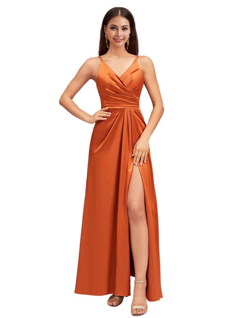 Elegant Spaghetti Straps V-Neck A-Line Soft Satin Ankle-Length Bridesmaid Dresses