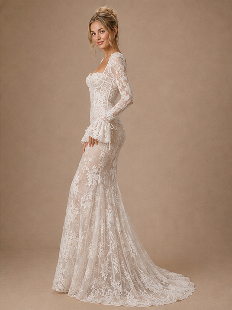 ChicSew Sexy Modern Mermaid Lace Tulle Long Sleeves Maxi Wedding Dress