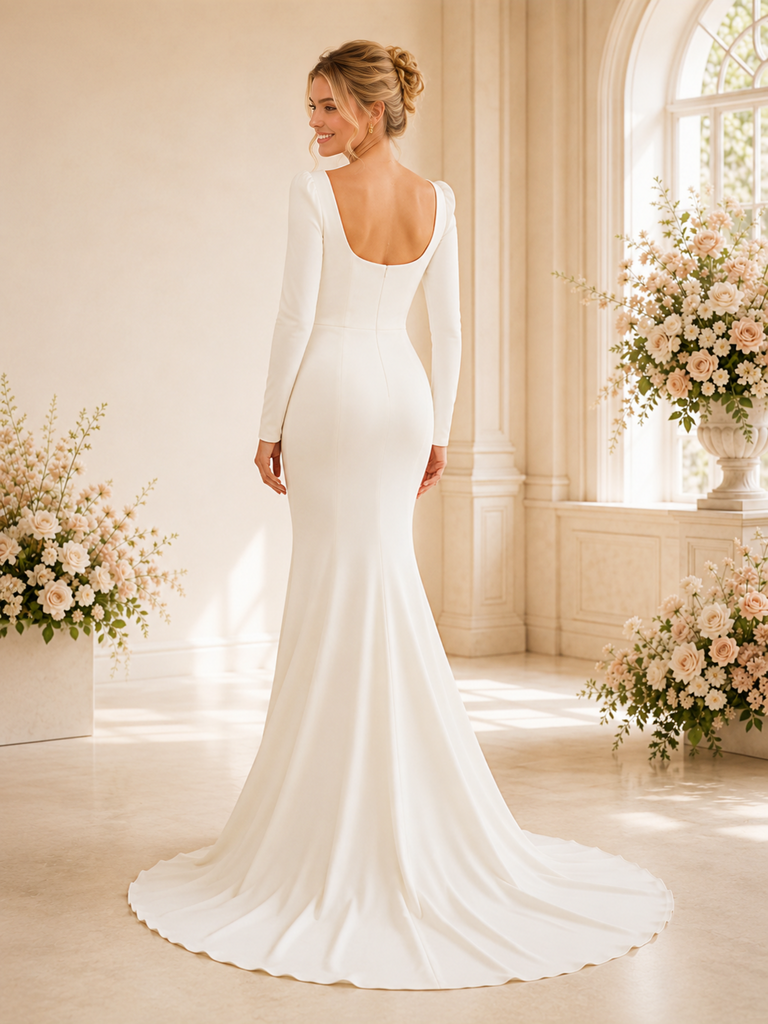 ChicSew Elegant Square Long Sleeves Mermaid Crepe Maxi Long Wedding Dress