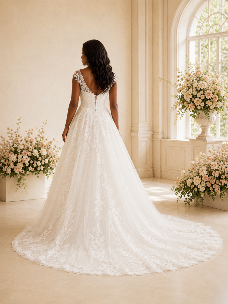 ChicSew Romantic A-Line V-Neck Cap Sleeves Tulle Long Wedding Dress With Lace Appliques