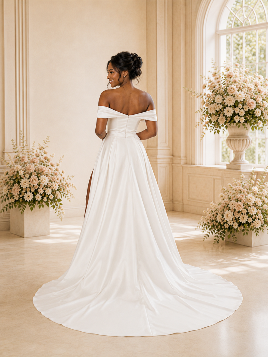 ChicSew Fancy Off The Shouder Ruching Mermaid Satin Long Wedding Dress With Side Slit