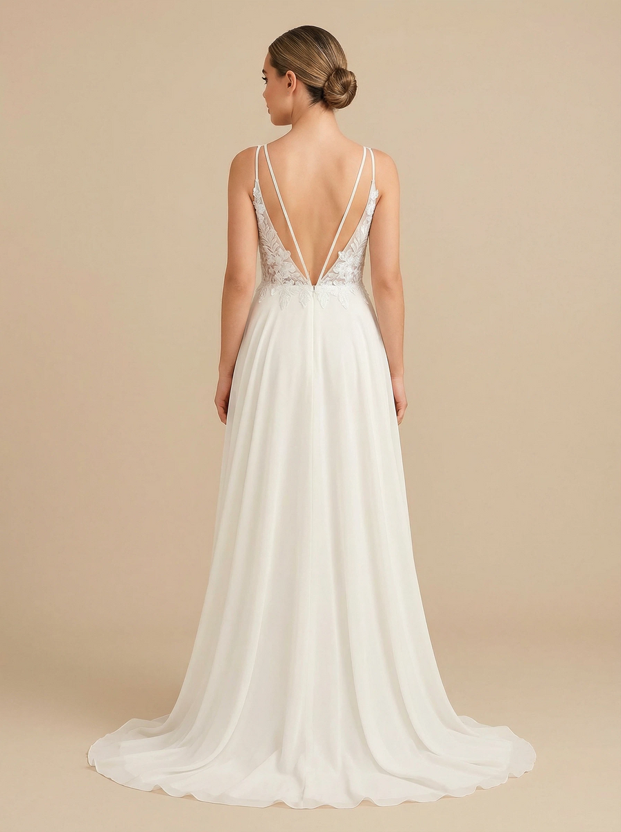 A-Line V-neck Sleeveless Maxi Long Chiffon Beach Wedding Dresses Online