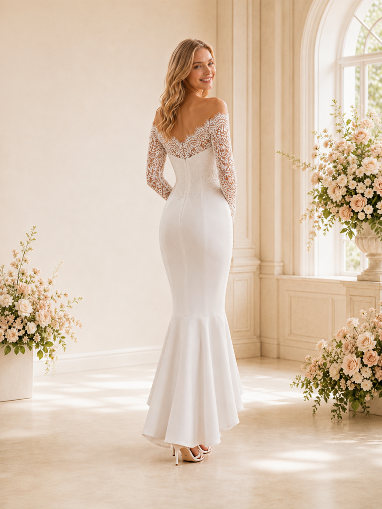 ChicSew Unique Lace Off The Shoulder Long Sleeves Satin Mermaid High‑Low Wedding Dresses