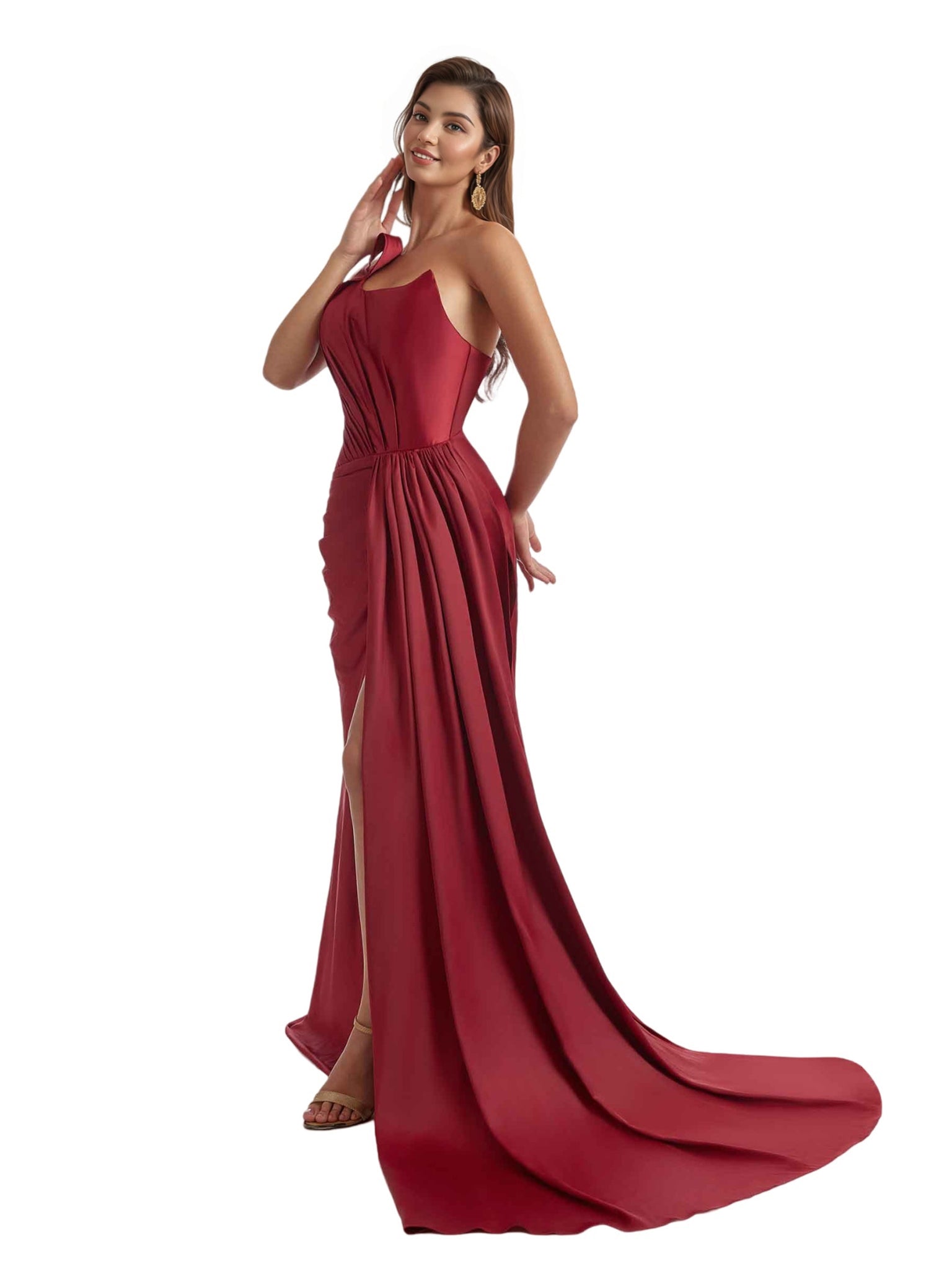 Sexy One Shoulder Mermaid Side Slit Soft Satin Unique Long Bridesmaid Dresses Online