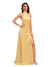 Elegant High Neck Side Slit Soft Satin A-Line Unique Long Bridesmaid Dresses