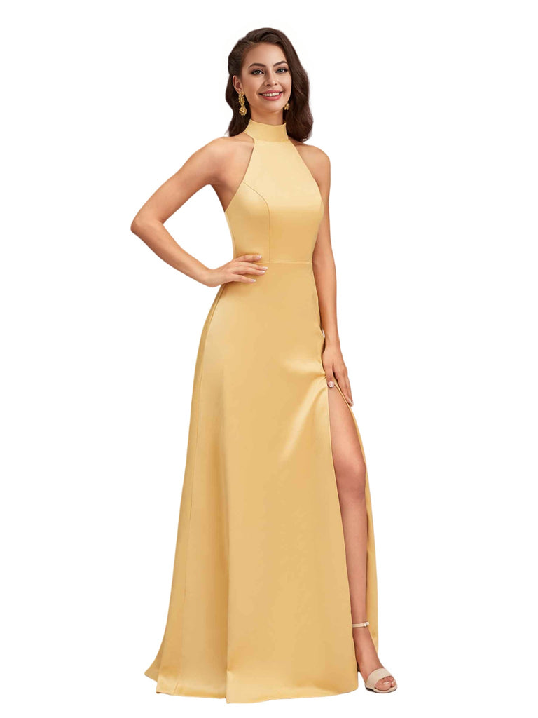 Elegant High Neck Side Slit Soft Satin A-Line Unique Long Bridesmaid Dresses