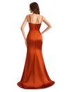 Sexy Satin Spaghetti Straps Side Split V-Neck Mermaid Long Bridesmaid Dresses