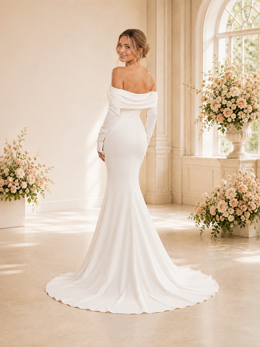 ChicSew Elegant Mermaid Crepe Ruched Off The Shoulder Long Sleeves Floor-Length Wedding Dress
