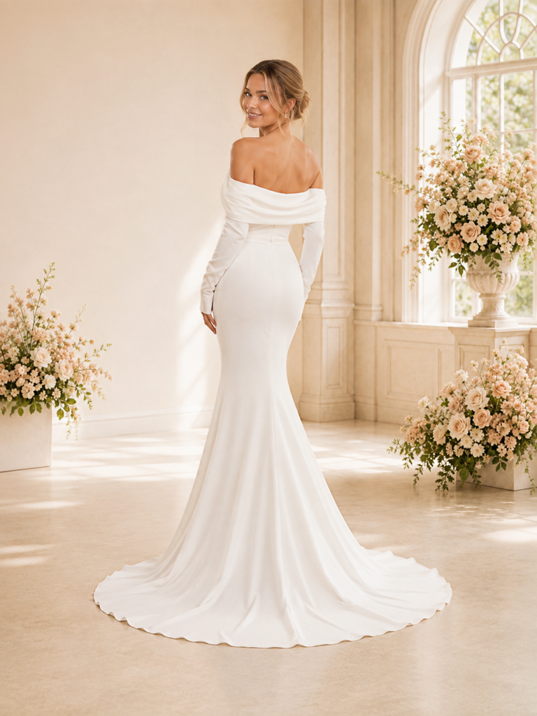 ChicSew Elegant Mermaid Crepe Ruched Off The Shoulder Long Sleeves Floor-Length Wedding Dress
