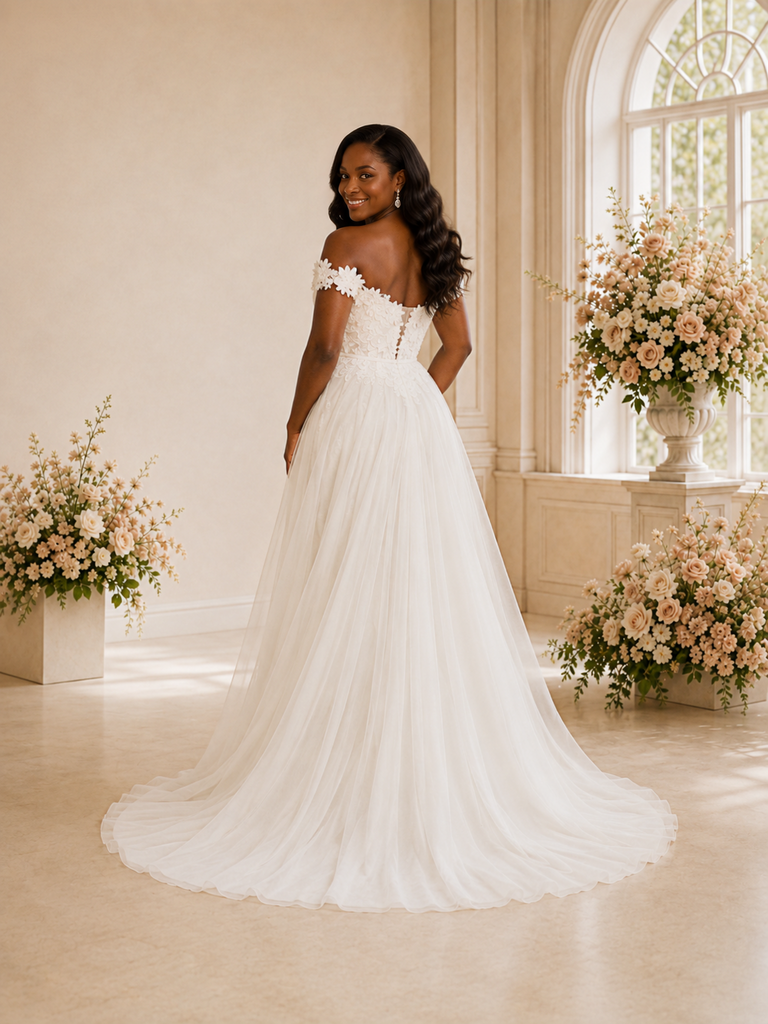 ChicSew Beautiful Off The Shoulder Lace Tulle Sheath High-Low Wedding Dress