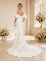 ChicSew Fancy Off The Shoulder Satin Ruched Side Slit Mermaid Long Wedding Dress With Flower
