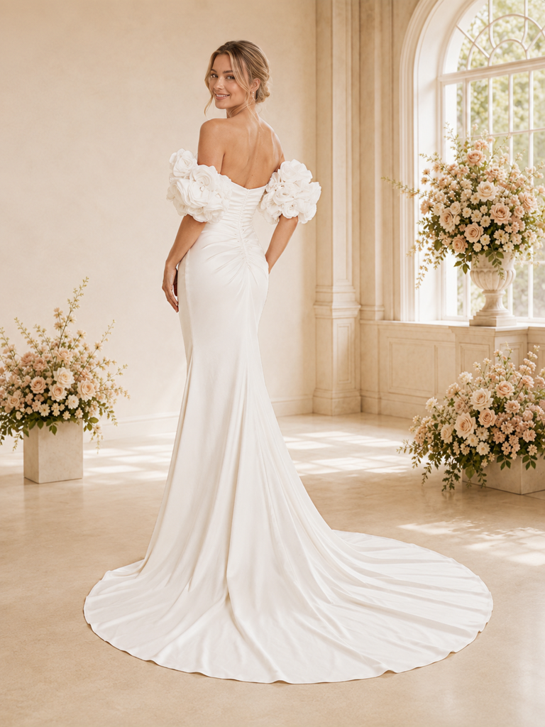 ChicSew Fancy Off The Shoulder Satin Ruched Side Slit Mermaid Long Wedding Dress With Flower