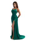 Sexy Mermaid Silky Satin Side Slit Long Bridesmaid Dresses Online Spaghetti Straps