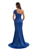 Sexy Unique One Shoulder Silky Satin Mermaid Long Bridesmaid Dresses Side Slit