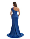 Sexy Unique One Shoulder Silky Satin Mermaid Long Bridesmaid Dresses Side Slit