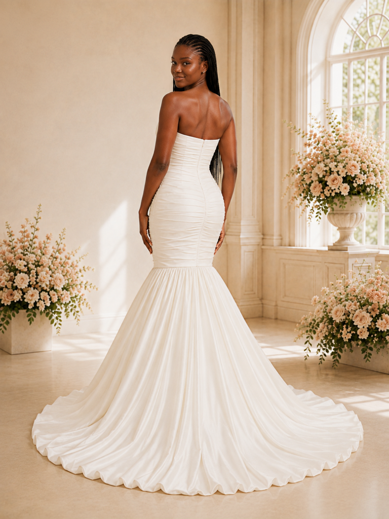 ChicSew Fancy Strapless Satin Mermaid Maxi Long Wedding Dress With Pleats