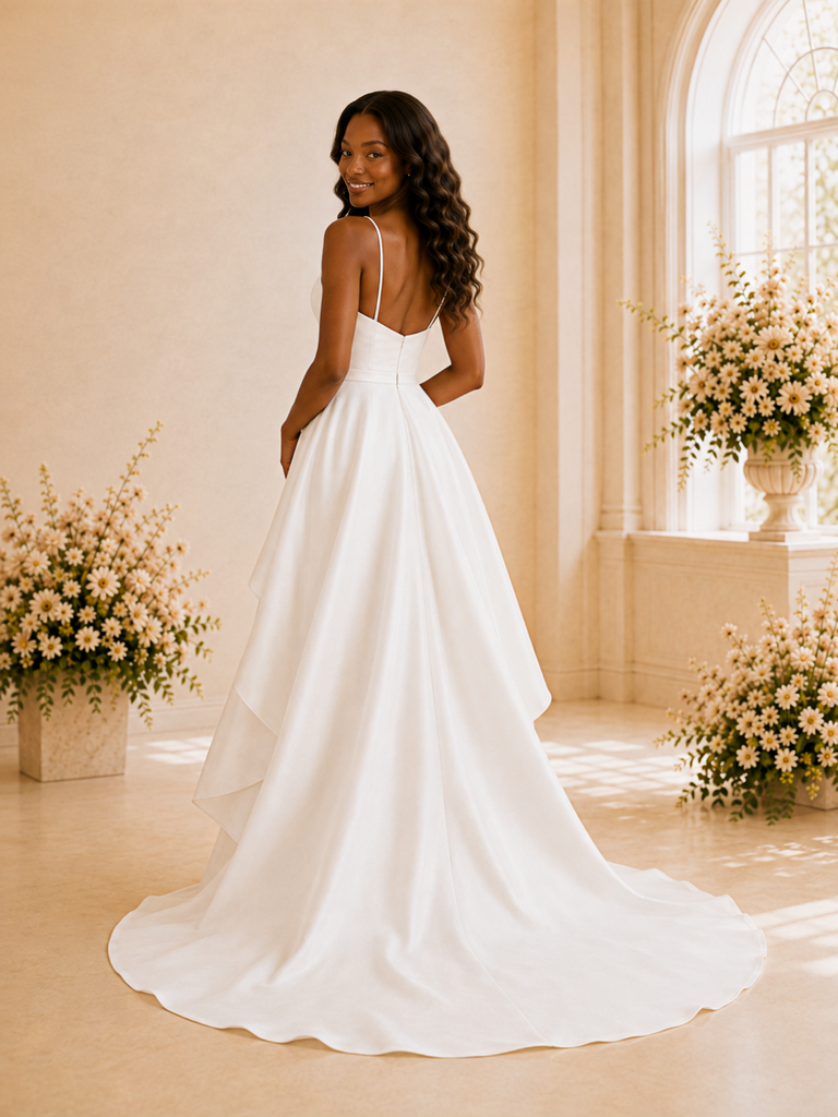 ChicSew Fancy A-Line Satin Spaghetti Straps High-Low Wedding Dress