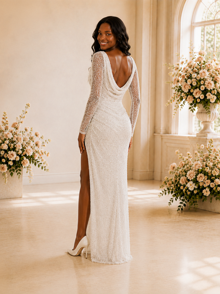 ChicSew Fancy V-Neck Side Slit Long Tulle Mermaid Wedding Dress With Sequin and Beaded