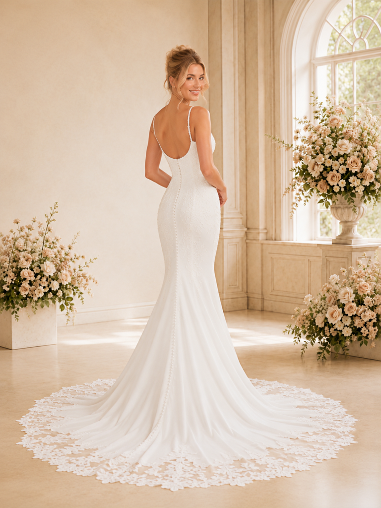 ChicSew Elegant Spaghetti Straps V-Neck Crepe Floor-Length Wedding Dress With Lace Appliques