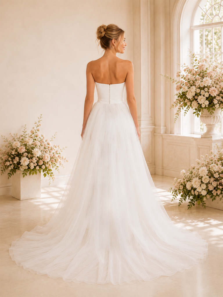 ChicSew Modern Strapless Wedding Jumpsuit With Tulle Long Overskirt