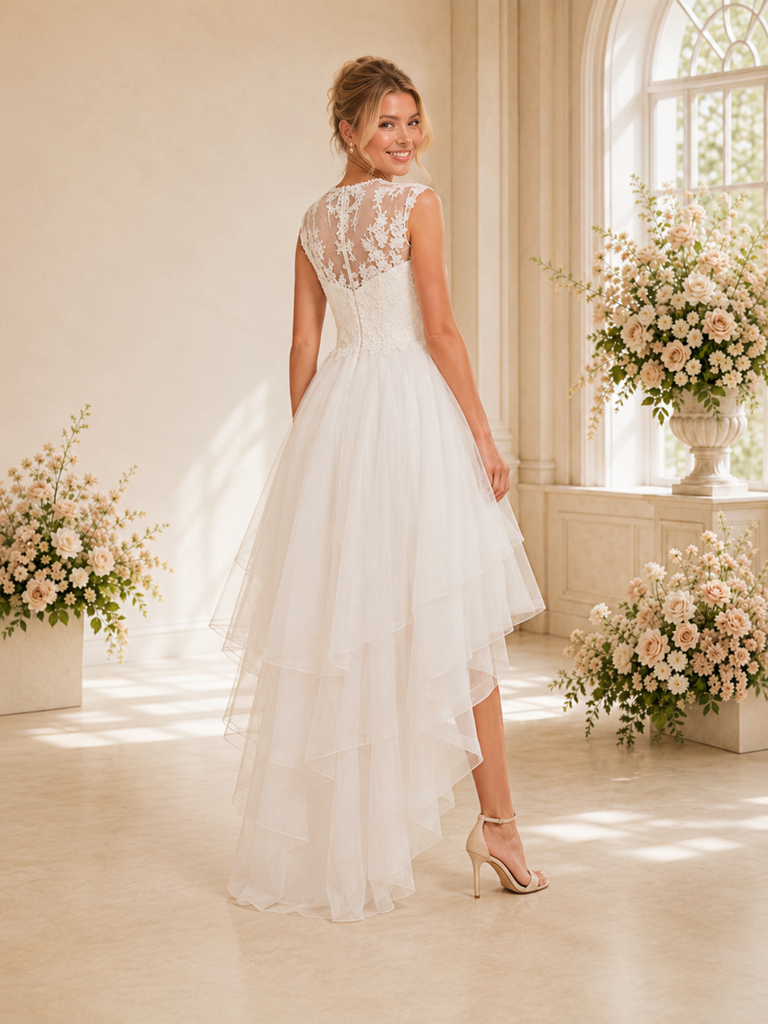 ChicSew Beautiful Illusion Cap Sleeves Lace Tulle A-Line High-Low Wedding Dresses
