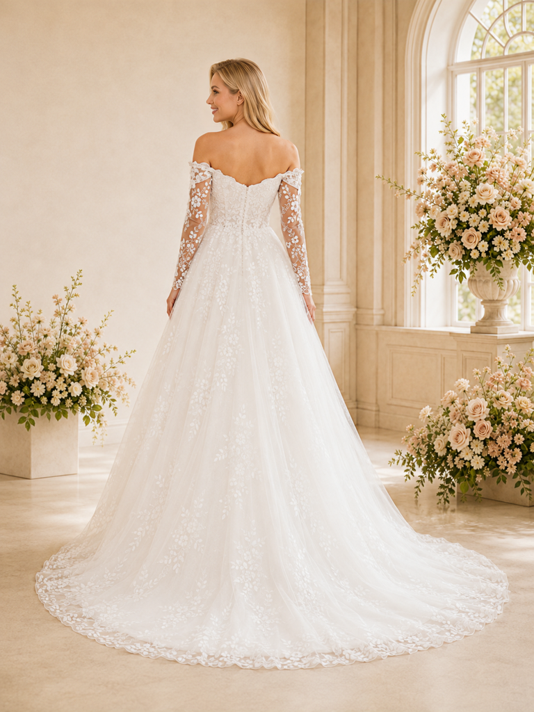 ChicSew Elegant A-Line Lace Applique Tulle Strapless Long Sleeves Maxi Wedding Dress With Long Train