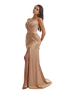 Elegant Long Mermaid Ruched Satin Modern Long Bridesmaid Dresses Spaghetti Straps Side Split