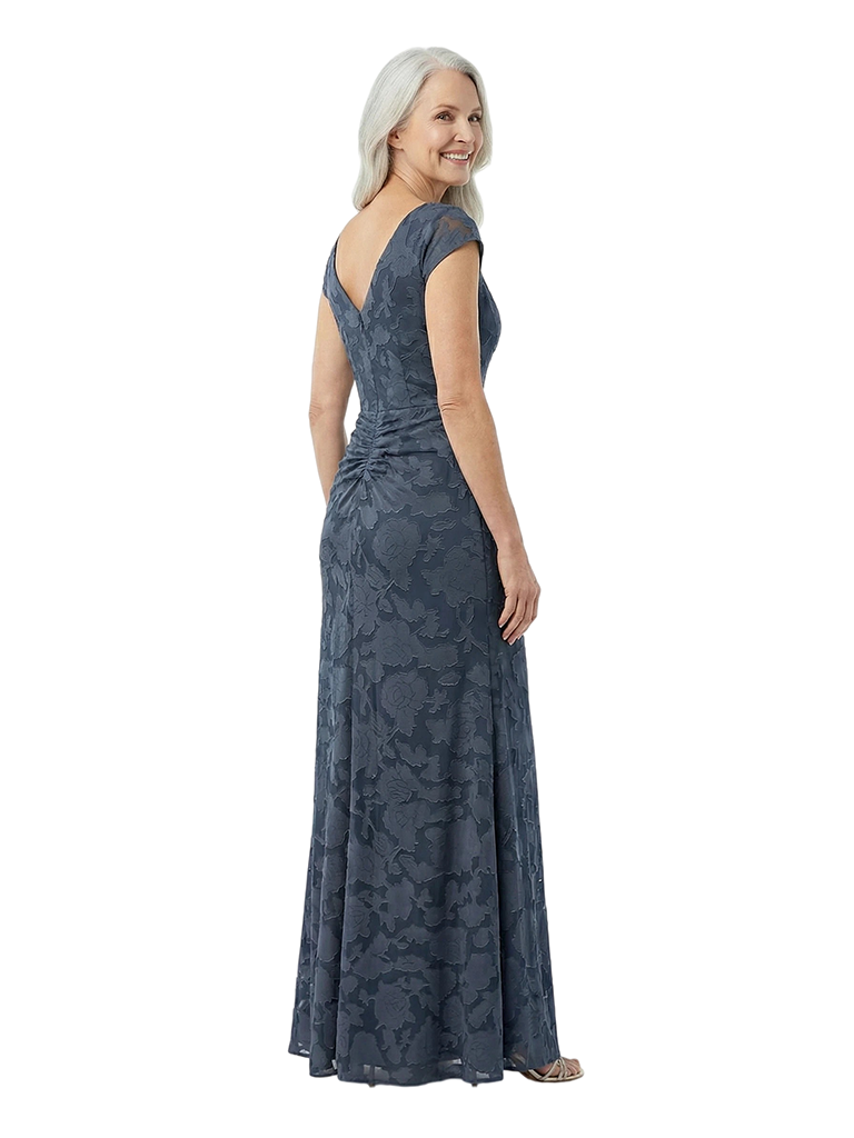 Chicsew Elegant V-Neck Short Sleeves Side Silt Floral Burnout Chiffon Mermaid Formal Evening Dresses
