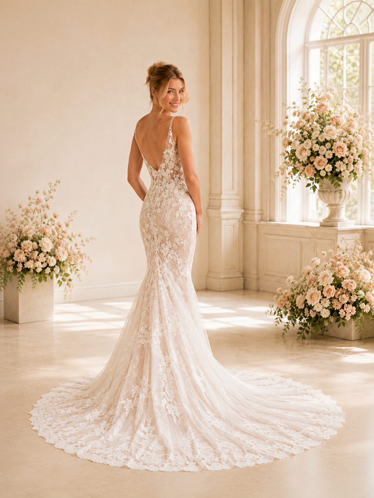 ChicSew Romantic Elegant Deep V-Neck Sleeveless Lace Tulle Mermaid Wedding Dresses