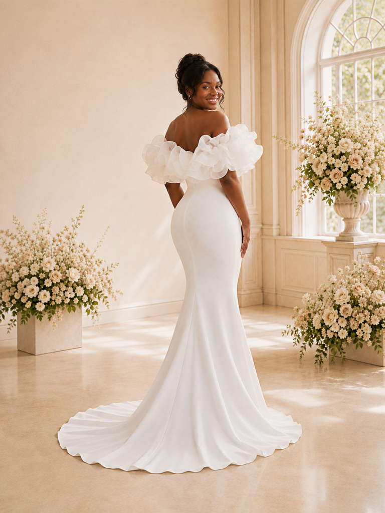 ChicSew Fancy Off The Shoulder Crepe Mermaid Floor-Length Wedding Dress With Floral Applique