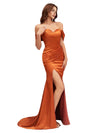 Elegant Silky Satin Off The Shoulder Mermaid Side Slit Ruched Long Bridesmaid Dresses